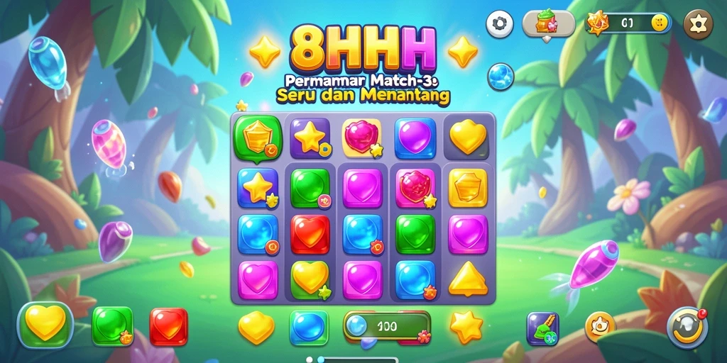 Gameplay 8HHH yang menantang dalam Match-3 penuh warna.