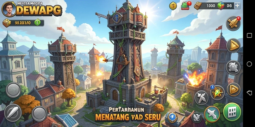 Screenshot gameplay DEWAPG menampilkan pertempuran menara yang epik.
