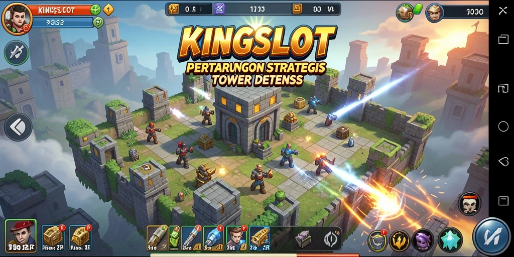 Tangkapan layar gameplay KINGSLOT menampilkan aksi menara pertahanan yang mendebarkan.