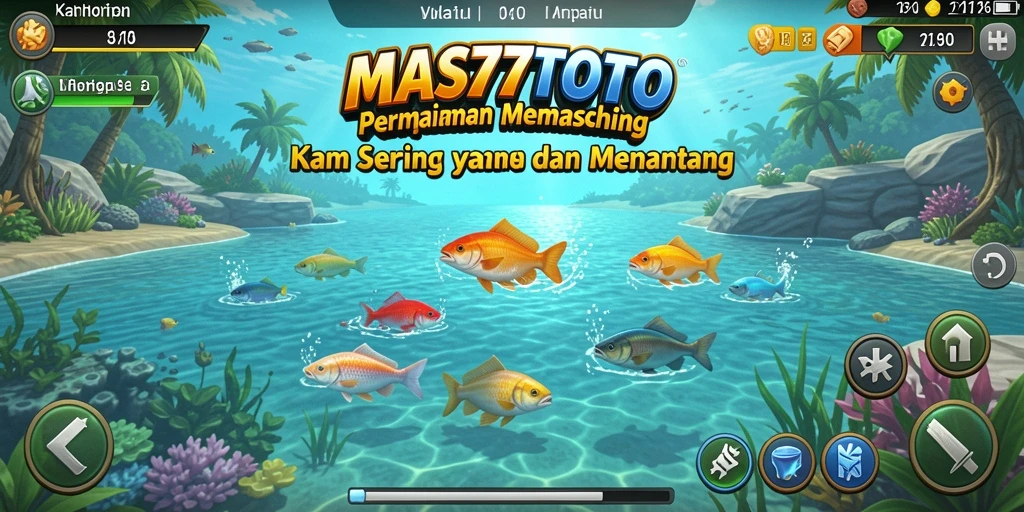 Screenshot gameplay utama MAS77TOTO menampilkan aksi memancing yang seru.