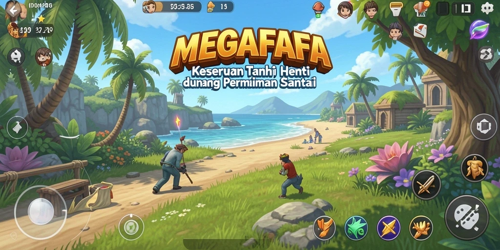 Tampilan utama gameplay MEGAFAFA yang penuh warna dan interaksi