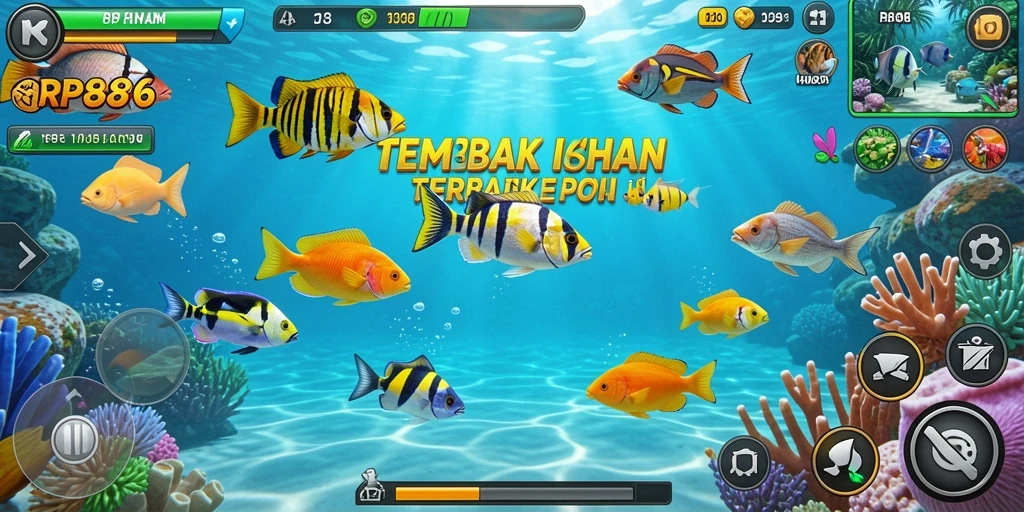 Tangkapan layar utama game Tembak Ikan RP886 memperlihatkan aksi menembak ikan di laut yang memukau.